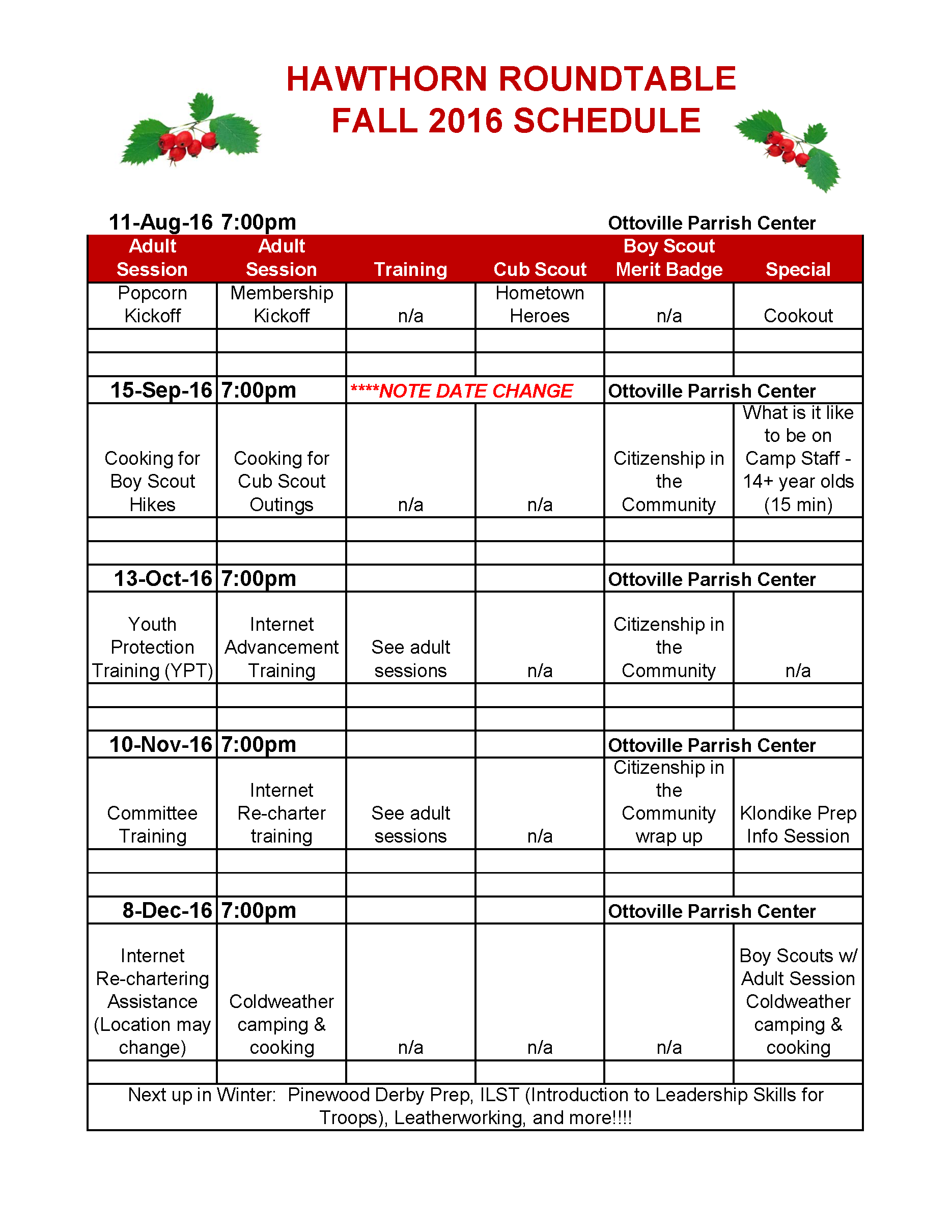 Fall Winter Roundtable Schedule