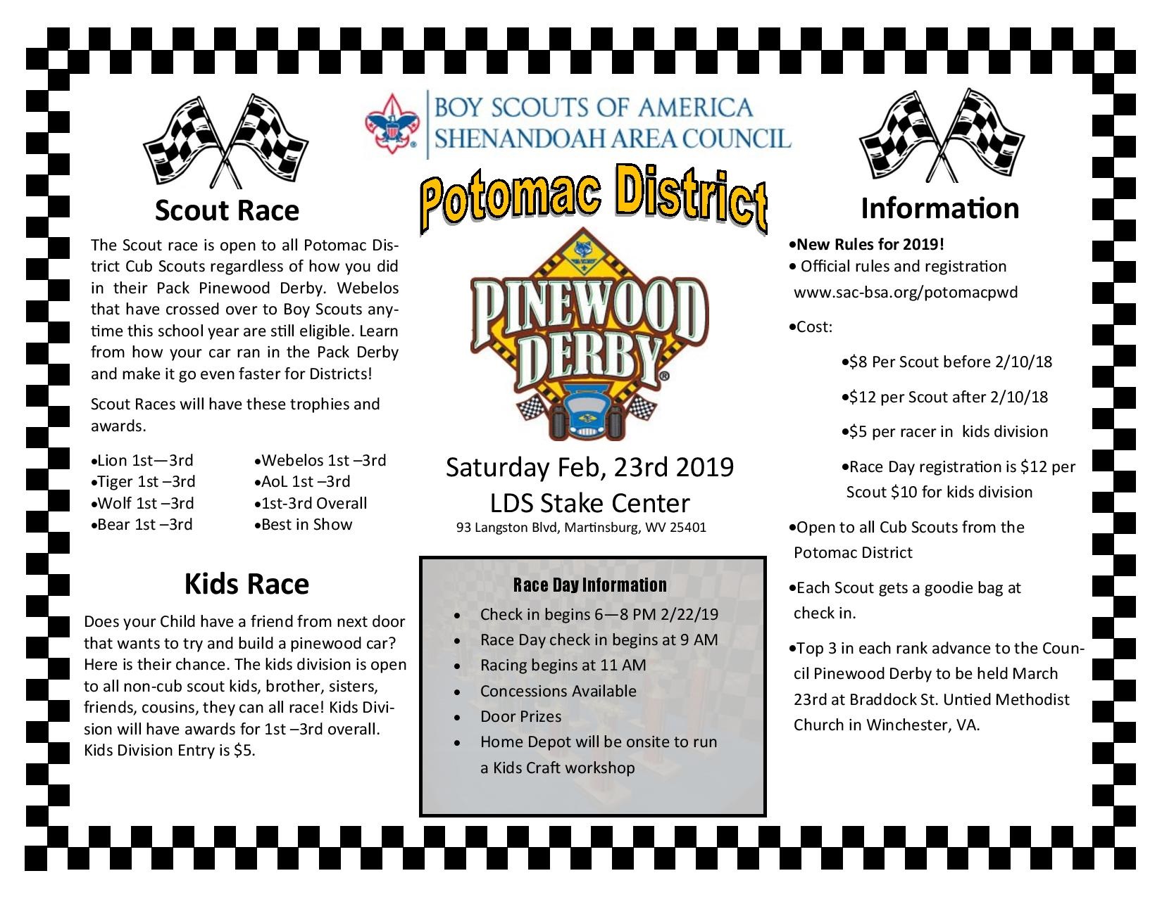 Potomac District Pinewood Derby Registration